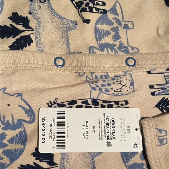 New Carter's Beige and Blue Safari Print Onesie - 9 Months - Picture 4 of 6